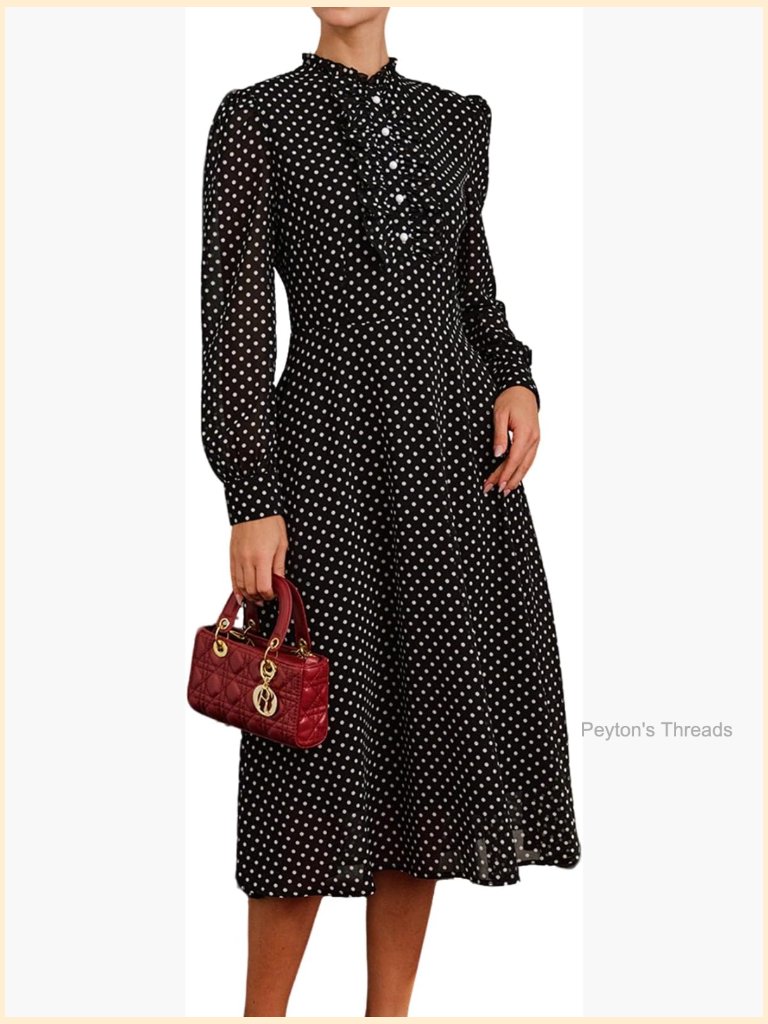 Long Sleeve Mock Neck Midi Dress - Polka Dot Sheath For Wedding Cocktail